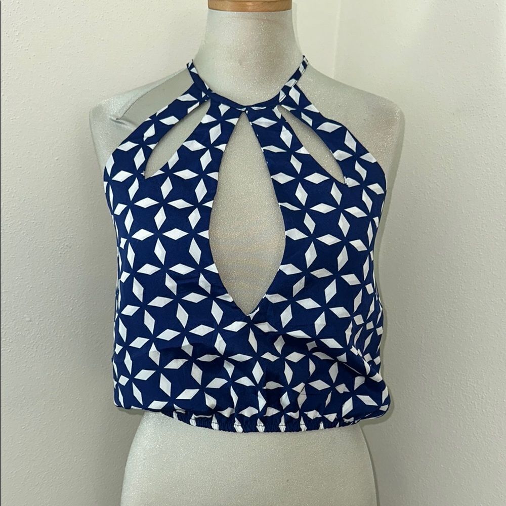 Beach Bunny Swim blue white print halter top medium m